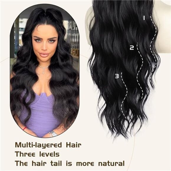 Drawstring Ponytail Extension Long Body Wavy Black Ponytail Extension for Women - Picture 5 of 7